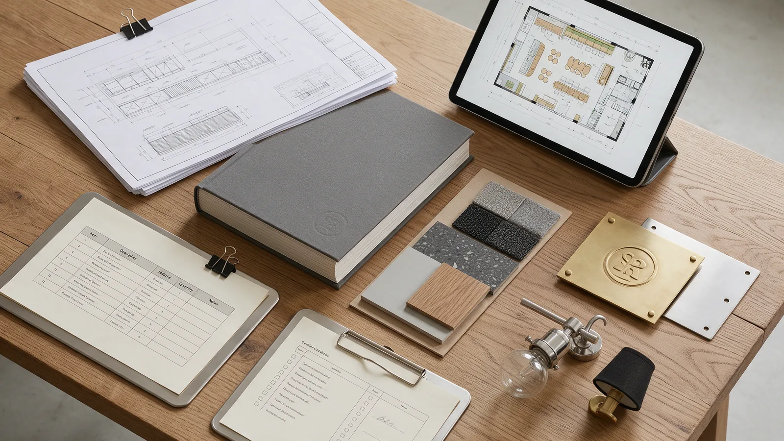 Restaurant rollout kit with a guidelines manual, counter drawings, furniture schedule, material samples and signage sample